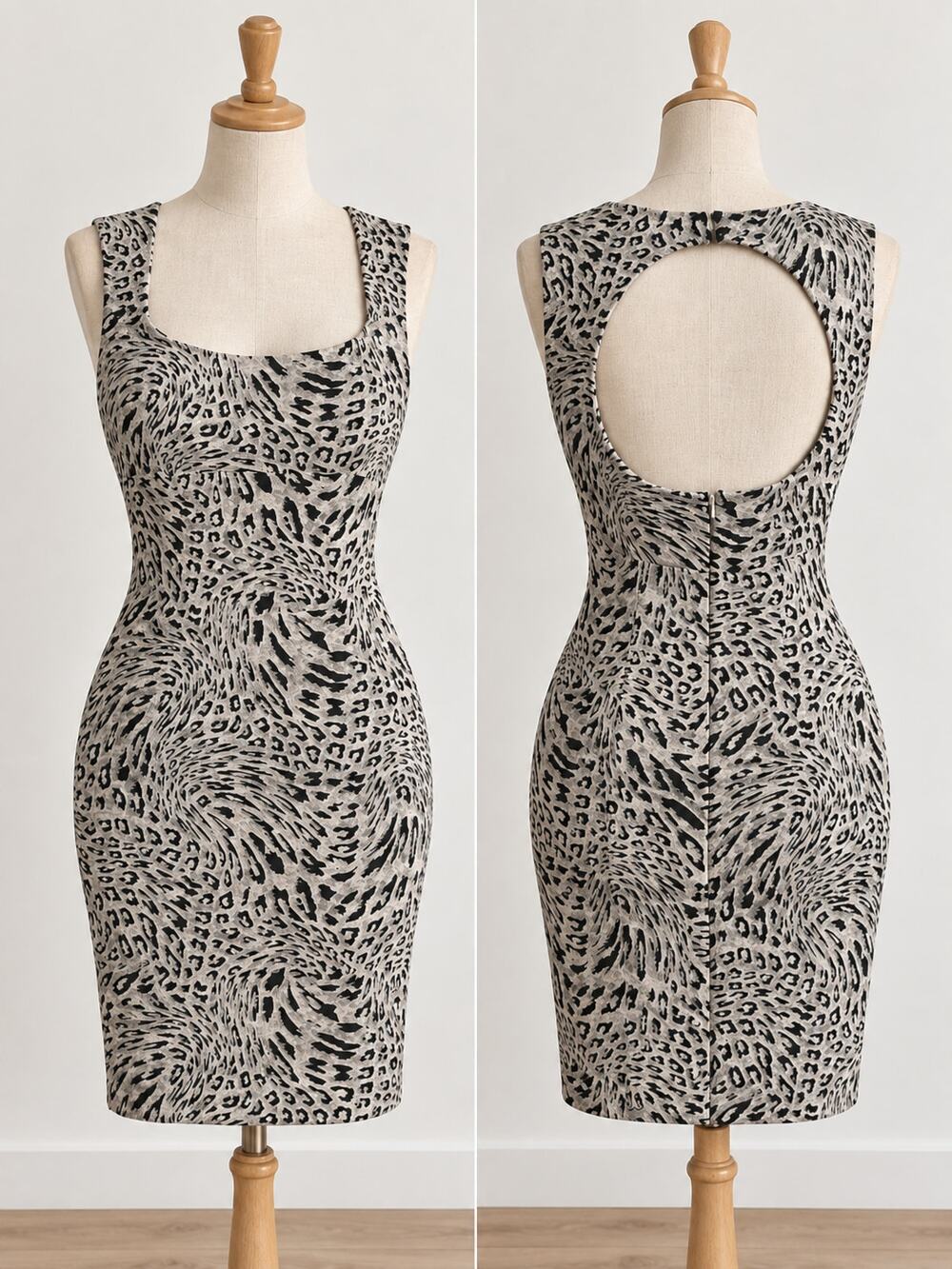 Y2K Cache Animal Print Bodycon Mini Dress Medium Leopard Stretch USA Vintage